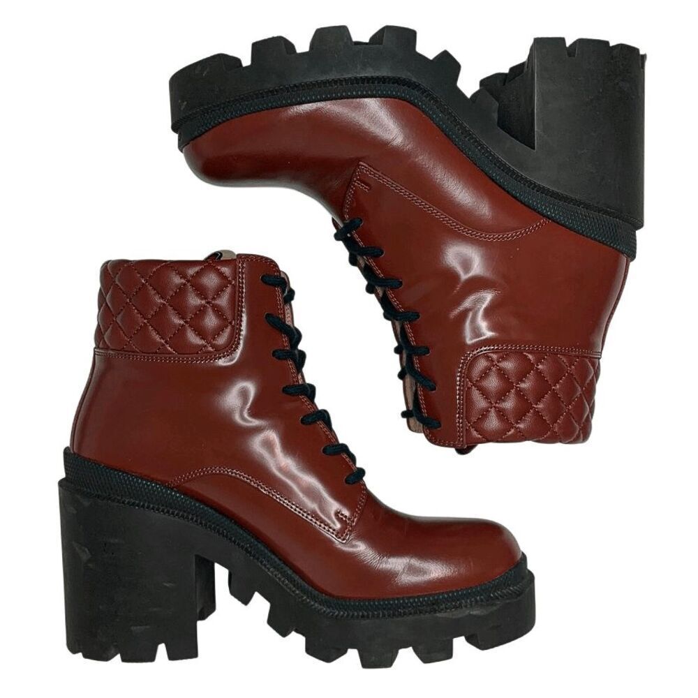 Gucci Magnum Garnet Red Patent Leather Lug Sole Lace Up Boots 37.5 Block Heel - Picture 6 of 12